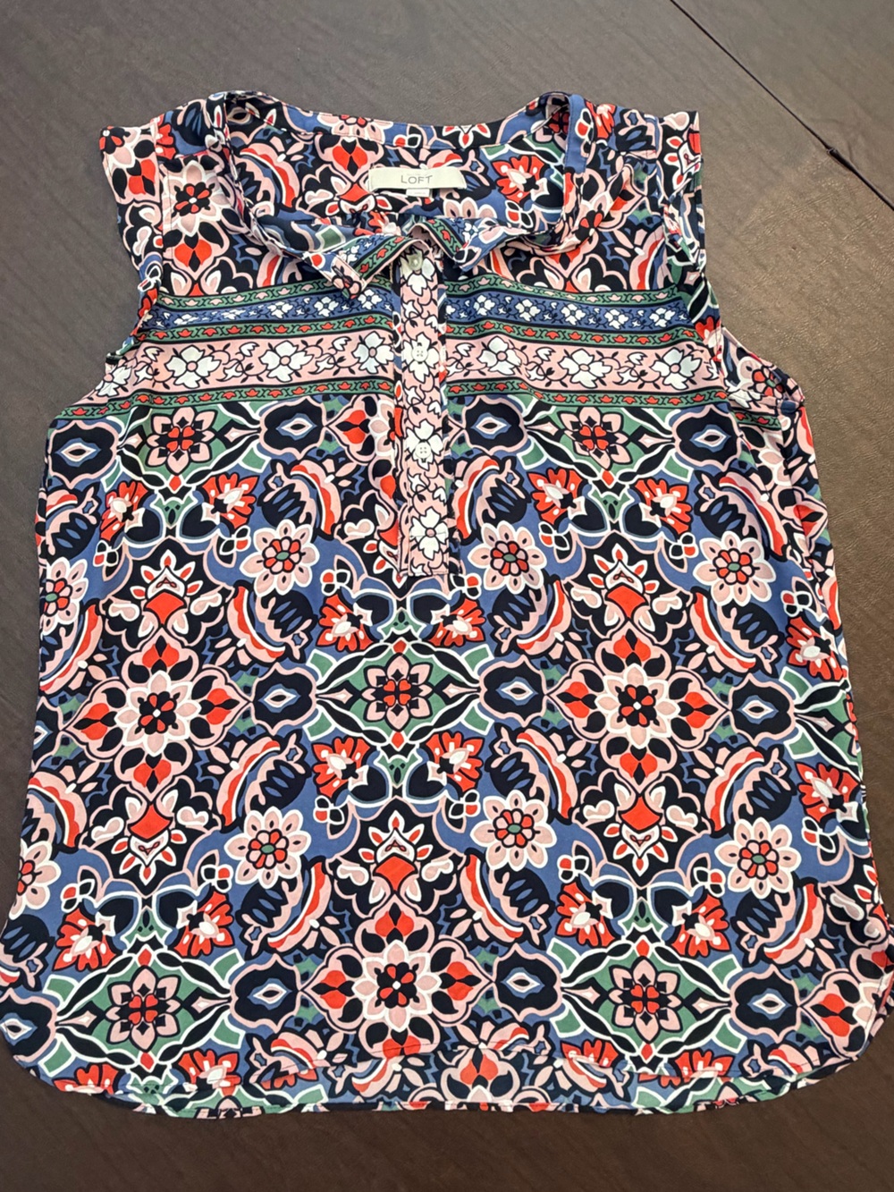 LOFT Floral Tile-Print Blouse in Navy, Pink & Red